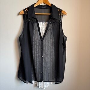 mblm Sleeveless Button Up Sheer Collared Blouse Black Whimsigoth Witchy Layering